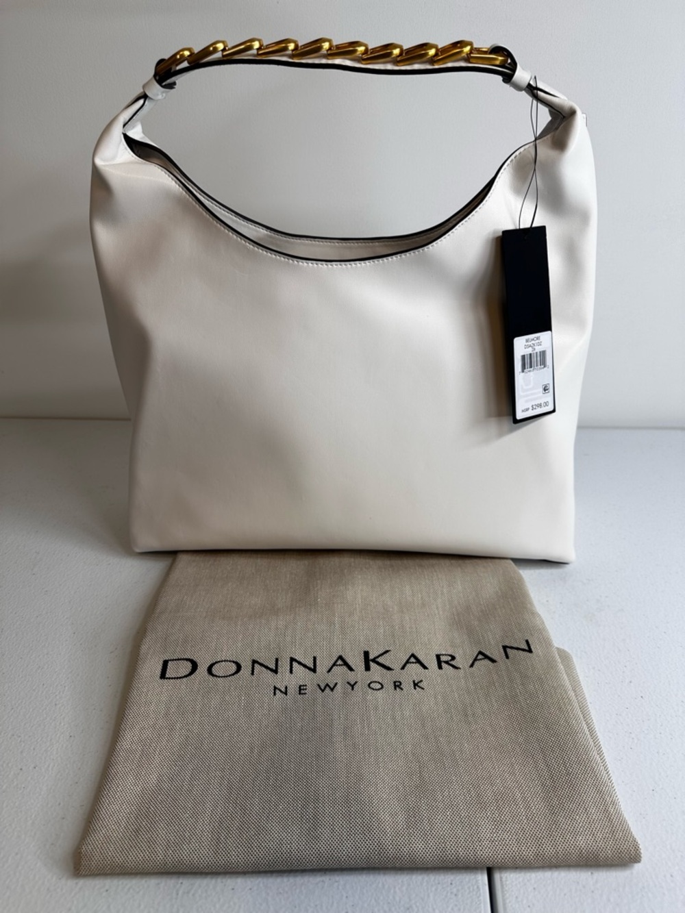 Donna Karan Ivory Hobo Bag Gold Chain Strap Leather Shoulder Bag NWT w Dust Bag